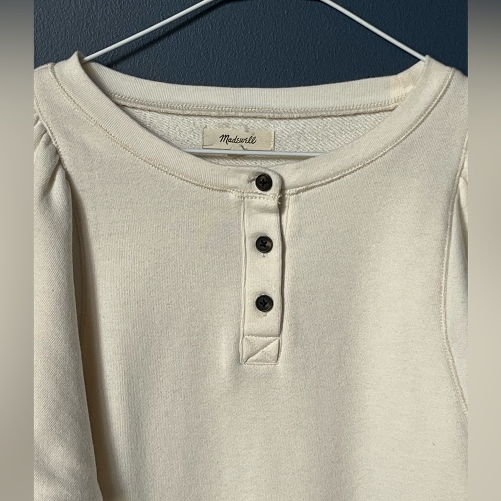 Madewell Puff-Sleeve Henley Sweatshirt - Antique Cream/White - Size XXS. 1070 - Picture 2 of 8
